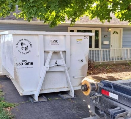 Workhorse Hauling | Roll-Off | White Dumpster Placed in front of home